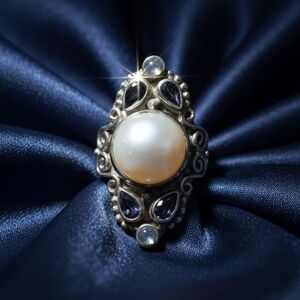 Sajen Mabe Pearl, Iolite & Rainbow Moonstone Sterling Silver Ring
